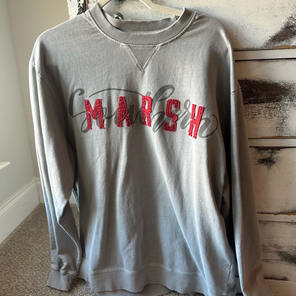 Gray Sweatshirt with Red Lettering